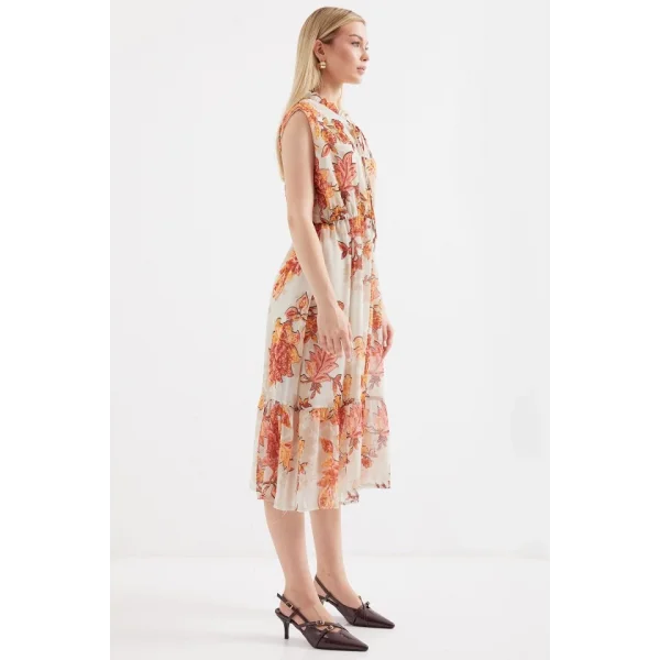 2503 Desenli Sıfır Kol Şifon Elbise  Kiremit