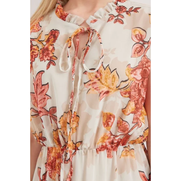 2503 Desenli Sıfır Kol Şifon Elbise  Kiremit