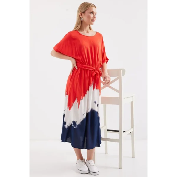 2504 Desenli Kısa Kol Viskon Elbise - Kırmızı