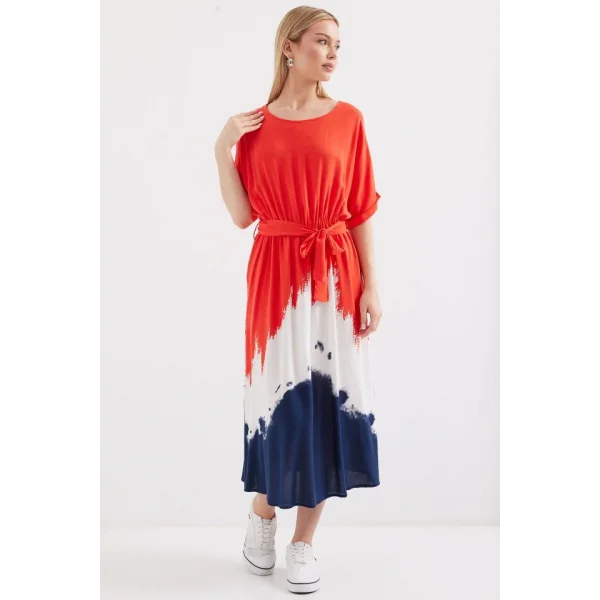 2504 Desenli Kısa Kol Viskon Elbise - Kırmızı