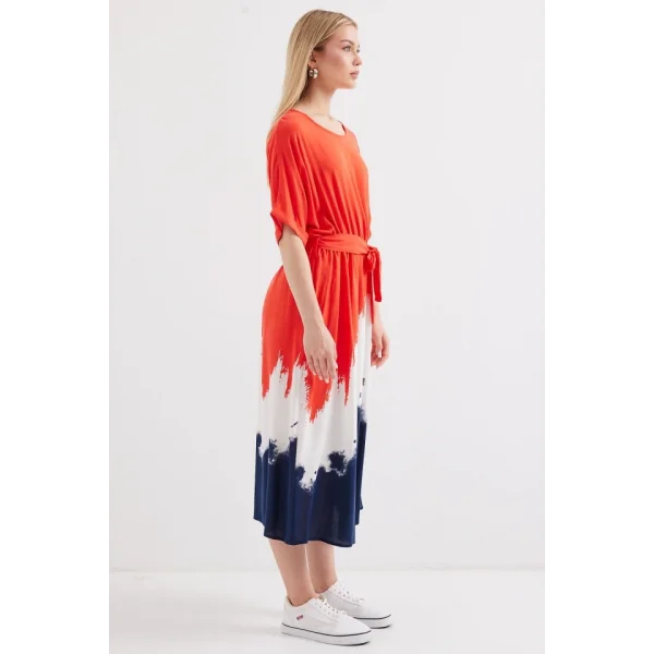 2504 Desenli Kısa Kol Viskon Elbise - Kırmızı