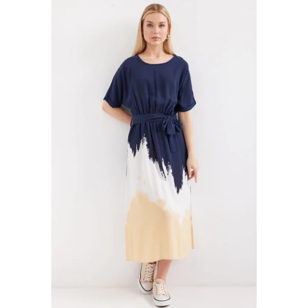 2504 Desenli Kısa Kol Viskon Elbise - Lacivert