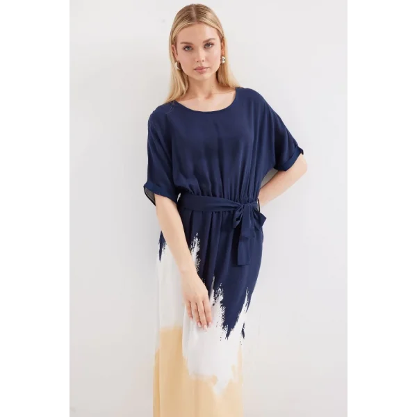 2504 Desenli Kısa Kol Viskon Elbise - Lacivert