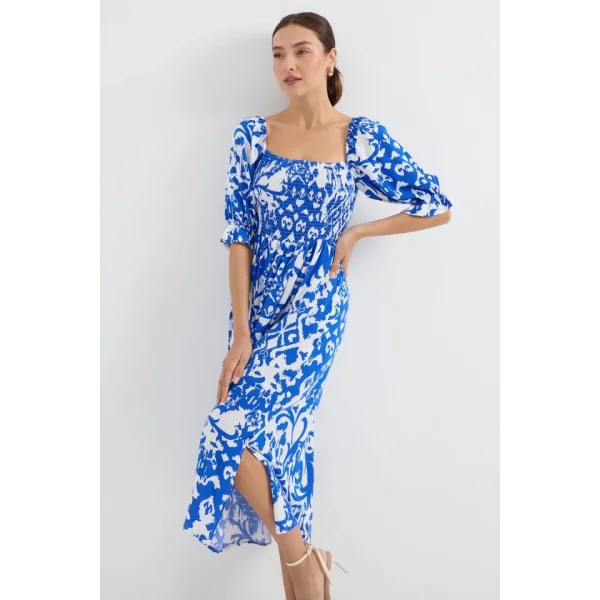 2512 Desenli Yırtmaçlı Elbise  Saks