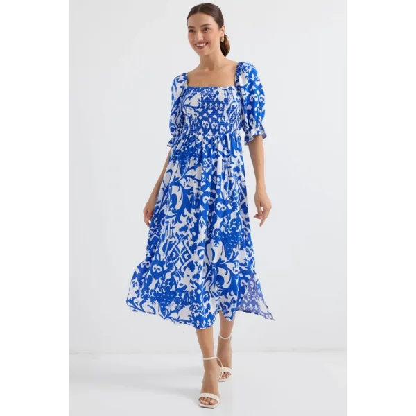 2512 Desenli Yırtmaçlı Elbise  Saks