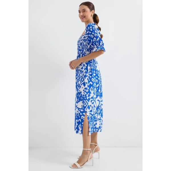 2512 Desenli Yırtmaçlı Elbise  Saks