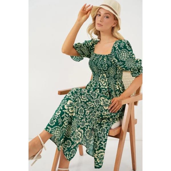 2512 Desenli Yırtmaçlı Elbise - Zümrüt Yeşili