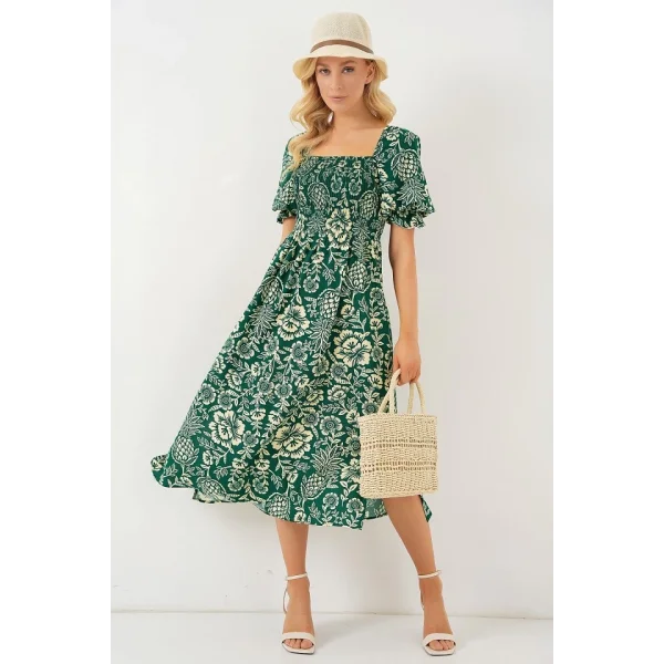 2512 Desenli Yırtmaçlı Elbise - Zümrüt Yeşili