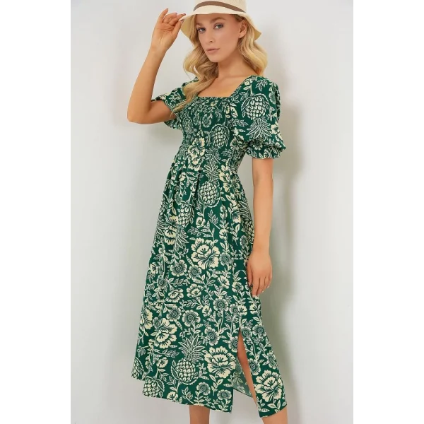2512 Desenli Yırtmaçlı Elbise - Zümrüt Yeşili