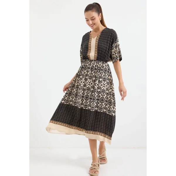 2517 Desenli Kısa Kol Viskon Elbise  Siyah