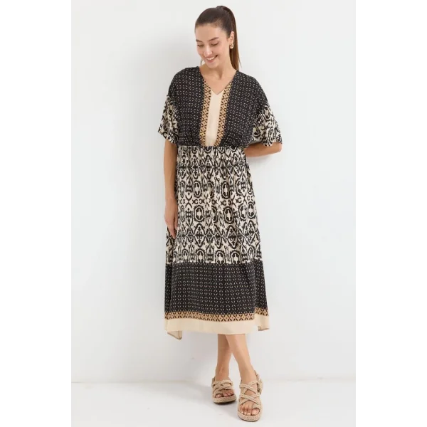 2517 Desenli Kısa Kol Viskon Elbise  Siyah