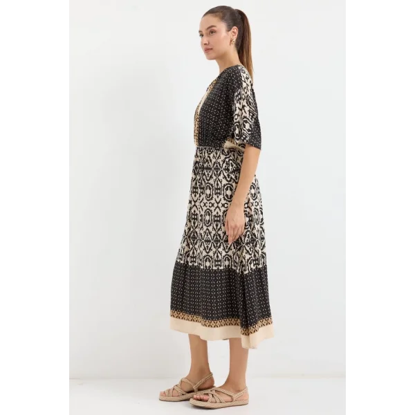 2517 Desenli Kısa Kol Viskon Elbise  Siyah