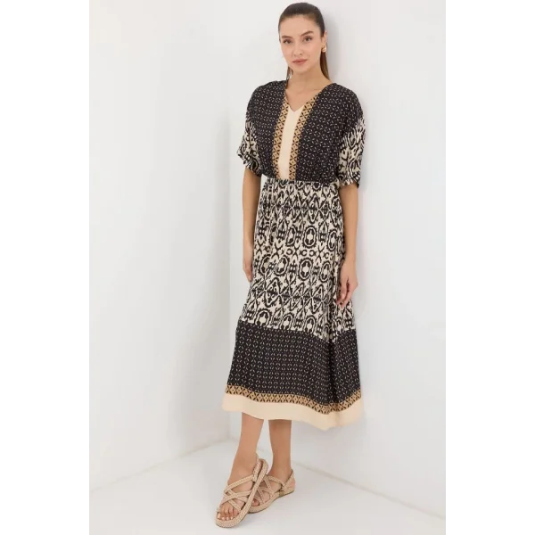 2517 Desenli Kısa Kol Viskon Elbise  Siyah