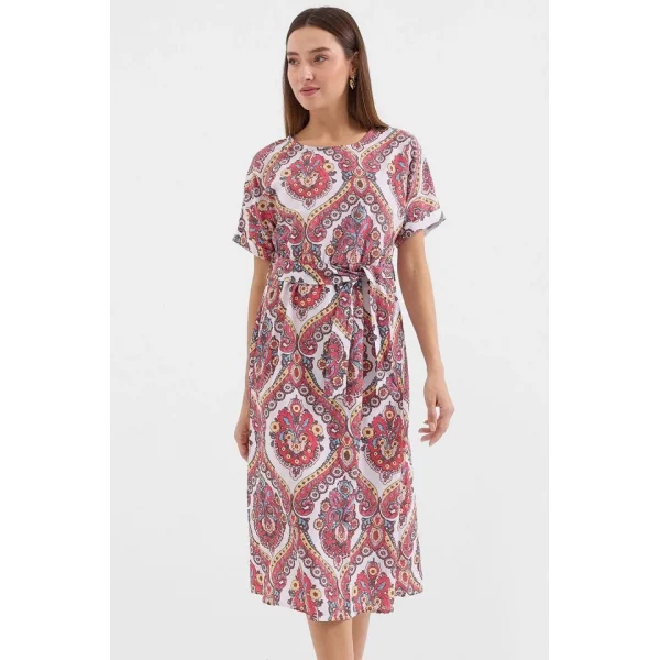 29 Kemerli Keten Elbise  Nar