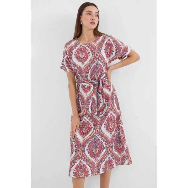 29 Kemerli Keten Elbise  Nar