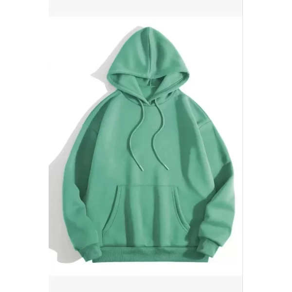 3 İplik Pamuklu Unisex Kapşonlu weetshirt  int Yeşili
