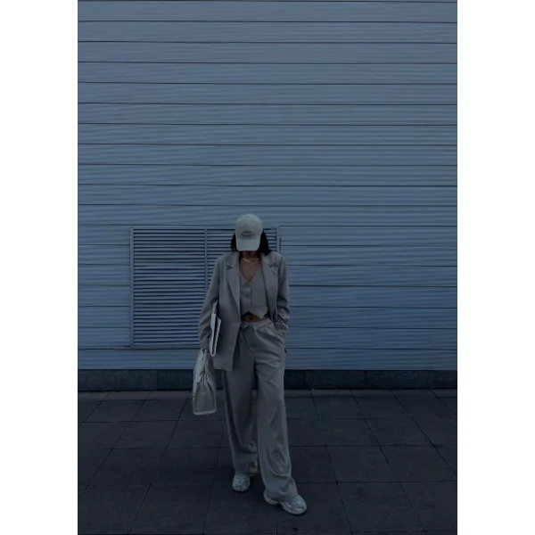 3 lü Kadın Takım Beyaz Çizgi Detaylı Crop Yelek Ceket Bol Kesim Bol Paça Pantolon Alt Üst Takım - Beyaz