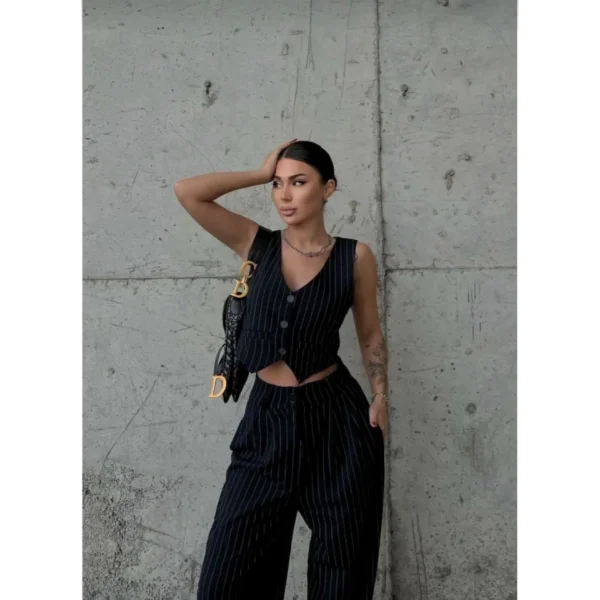 3 Lü Takım Beyaz Çizgi Detaylı Crop Yelek Ceket Bol Kesim Bol Paça Pantolon Alt Üst Takım  Lacivert