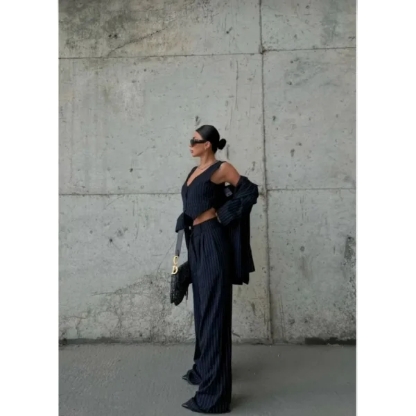 3 Lü Takım Beyaz Çizgi Detaylı Crop Yelek Ceket Bol Kesim Bol Paça Pantolon Alt Üst Takım  Lacivert