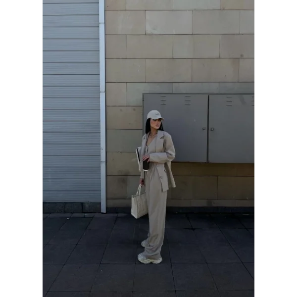 3 Lü Takım Beyaz Çizgi Detaylı Crop Yelek Ceket Bol Kesim Bol Paça Pantolon Alt Üst Takım  Beyaz