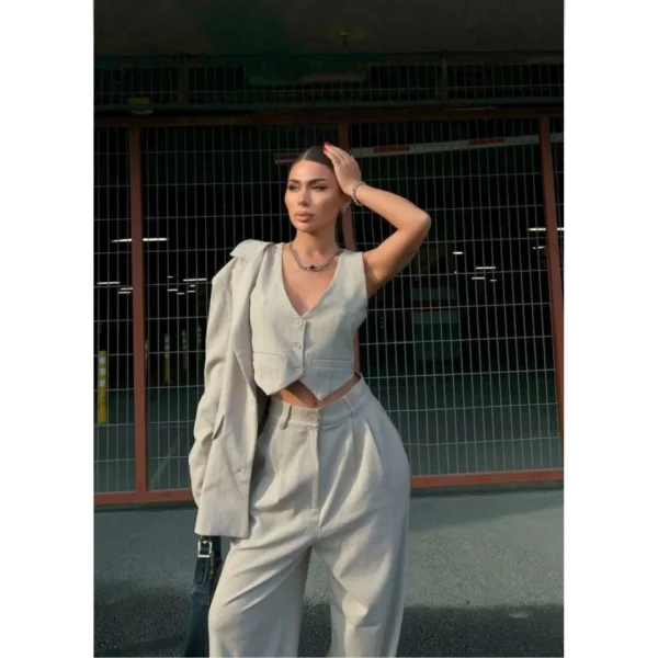 3 Lü Takım Beyaz Çizgi Detaylı Crop Yelek Ceket Bol Kesim Bol Paça Pantolon Alt Üst Takım  Beyaz