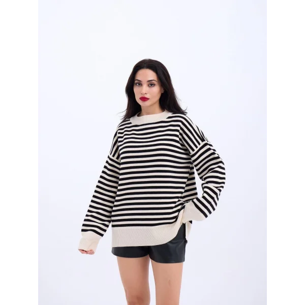 3344 ÇİZGİLİ SALAŞ KAZAK-KREM-SİYAH