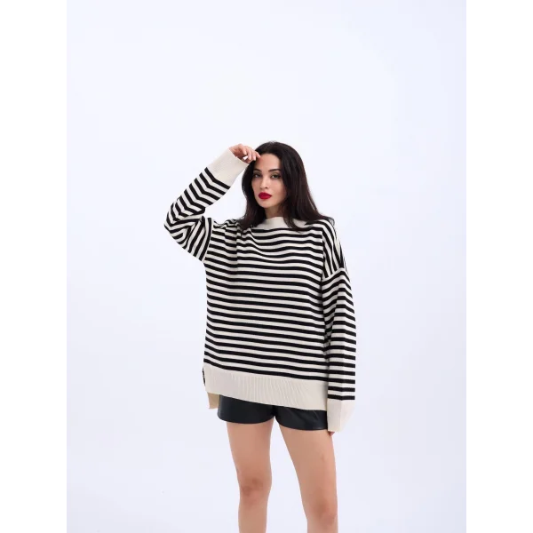 3344 ÇİZGİLİ SALAŞ KAZAK-KREM-SİYAH