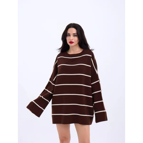 3368 ÇİZGİLİ SALAŞ TUNİK-KAHVE-KREM