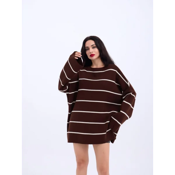 3368 ÇİZGİLİ SALAŞ TUNİK-KAHVE-KREM