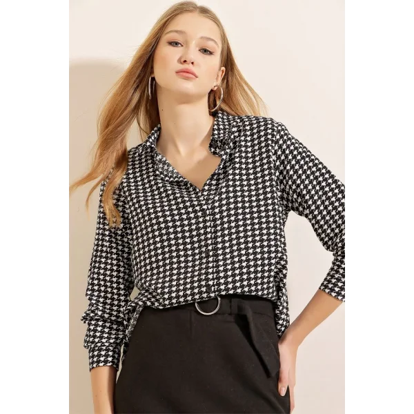 3721 Grafik Desenli Gömlek  Siyah  Beyaz