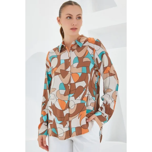 3721 Grafik Desenli Gömlek  Sütlü Kahve