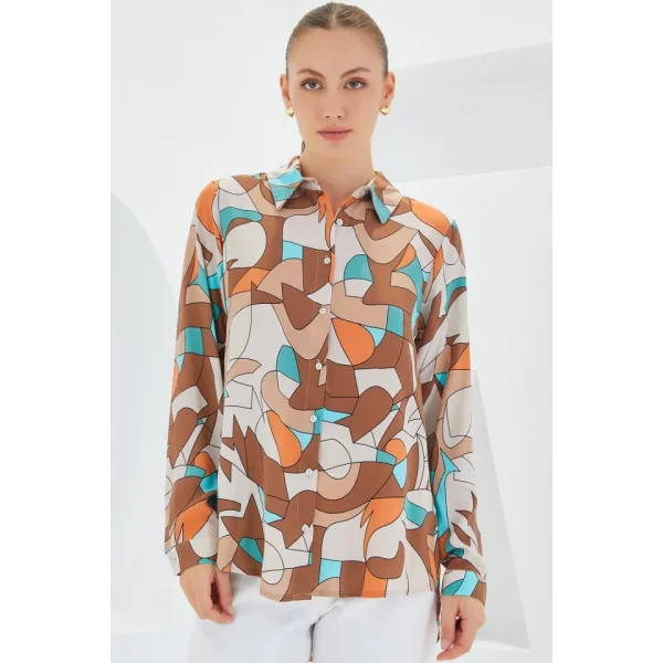 3721 Grafik Desenli Gömlek  Sütlü Kahve