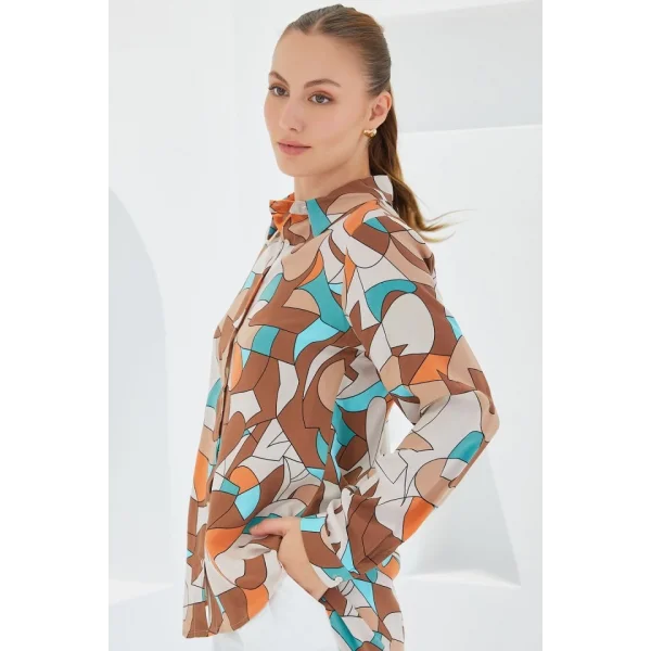 3721 Grafik Desenli Gömlek  Sütlü Kahve