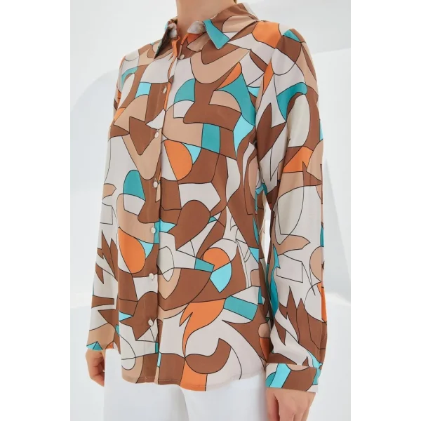 3721 Grafik Desenli Gömlek  Sütlü Kahve