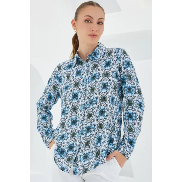 3721 Grafik Desenli Gömlek  Turkuaz
