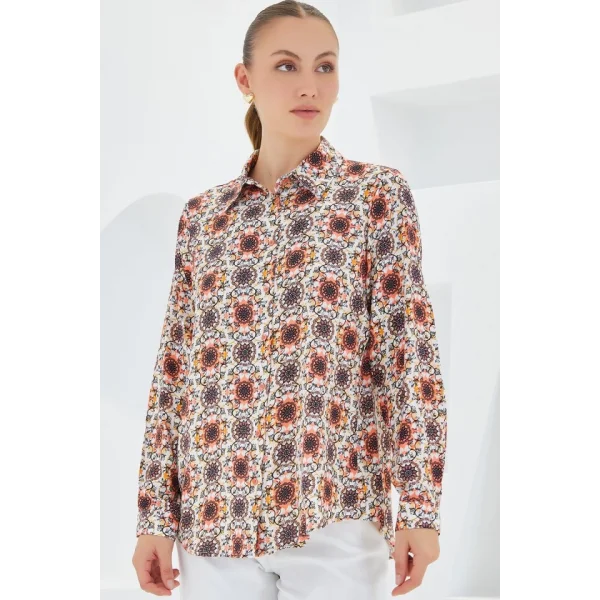 3721 Grafik Desenli Gömlek  Turuncu