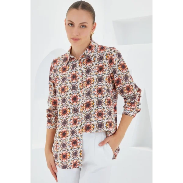 3721 Grafik Desenli Gömlek  Turuncu