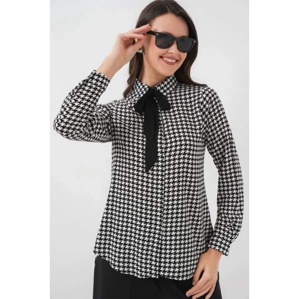 3768 Desenli Viskon Gömlek  Siyah  Beyaz