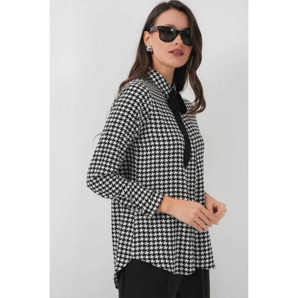 3768 Desenli Viskon Gömlek  Siyah  Beyaz