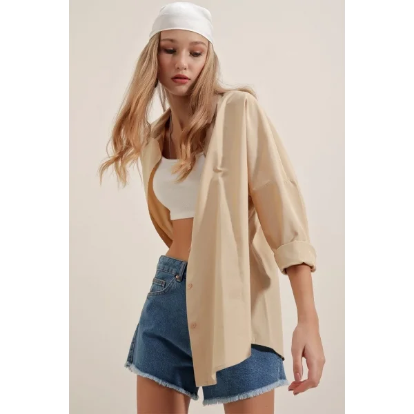 3900 Oversize Uzun Basic Gömlek  Bej