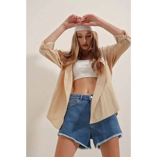 3900 Oversize Uzun Basic Gömlek  Bej