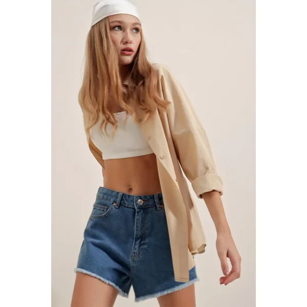3900 Oversize Uzun Basic Gömlek  Bej