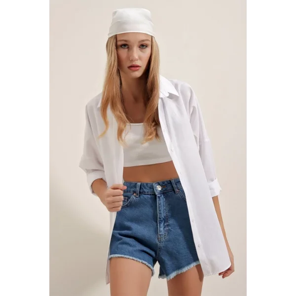 3900 Oversize Uzun Basic Gömlek  Beyaz