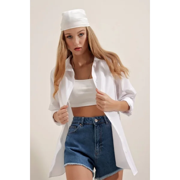 3900 Oversize Uzun Basic Gömlek  Beyaz