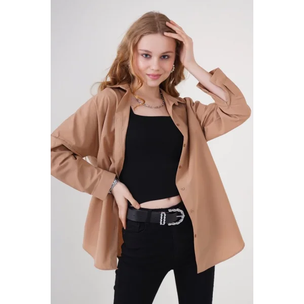 3900 Oversize Uzun Basic Gömlek  Camel