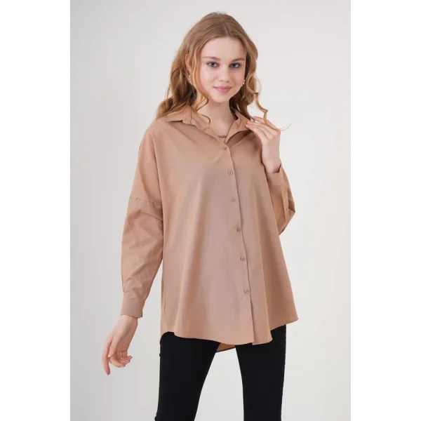 3900 Oversize Uzun Basic Gömlek  Camel