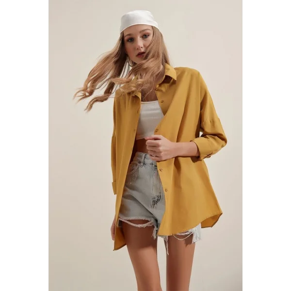 3900 Oversize Uzun Basic Gömlek  Hardal