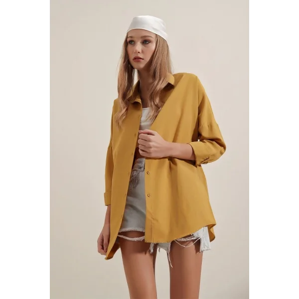 3900 Oversize Uzun Basic Gömlek  Hardal