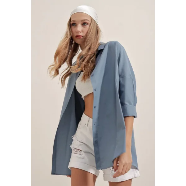 3900 Oversize Uzun Basic Gömlek  İndigo