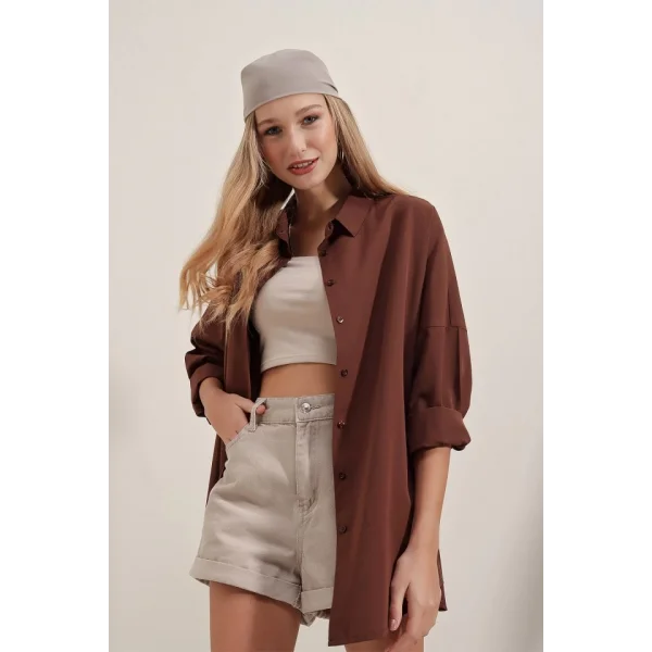 3900 Oversize Uzun Basic Gömlek  Kahverengi